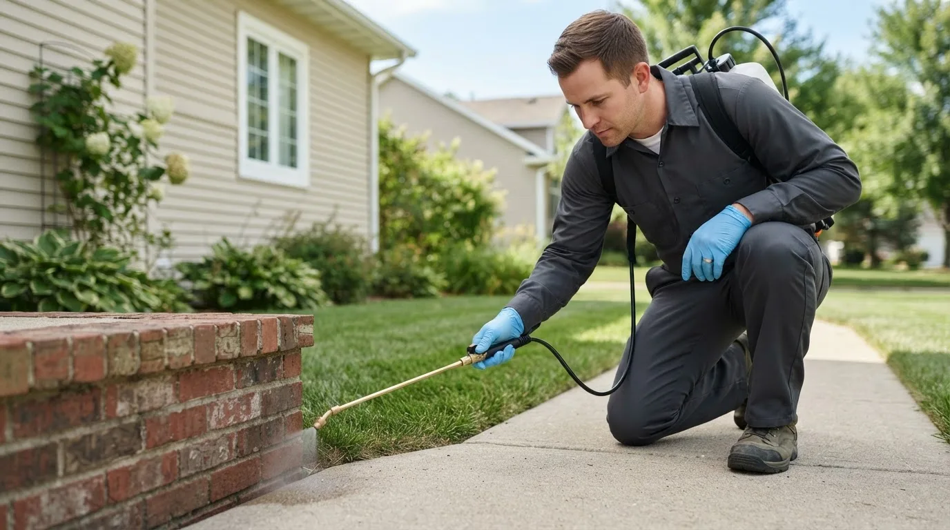 Pest control technician treating a home near Bokoshe, OK