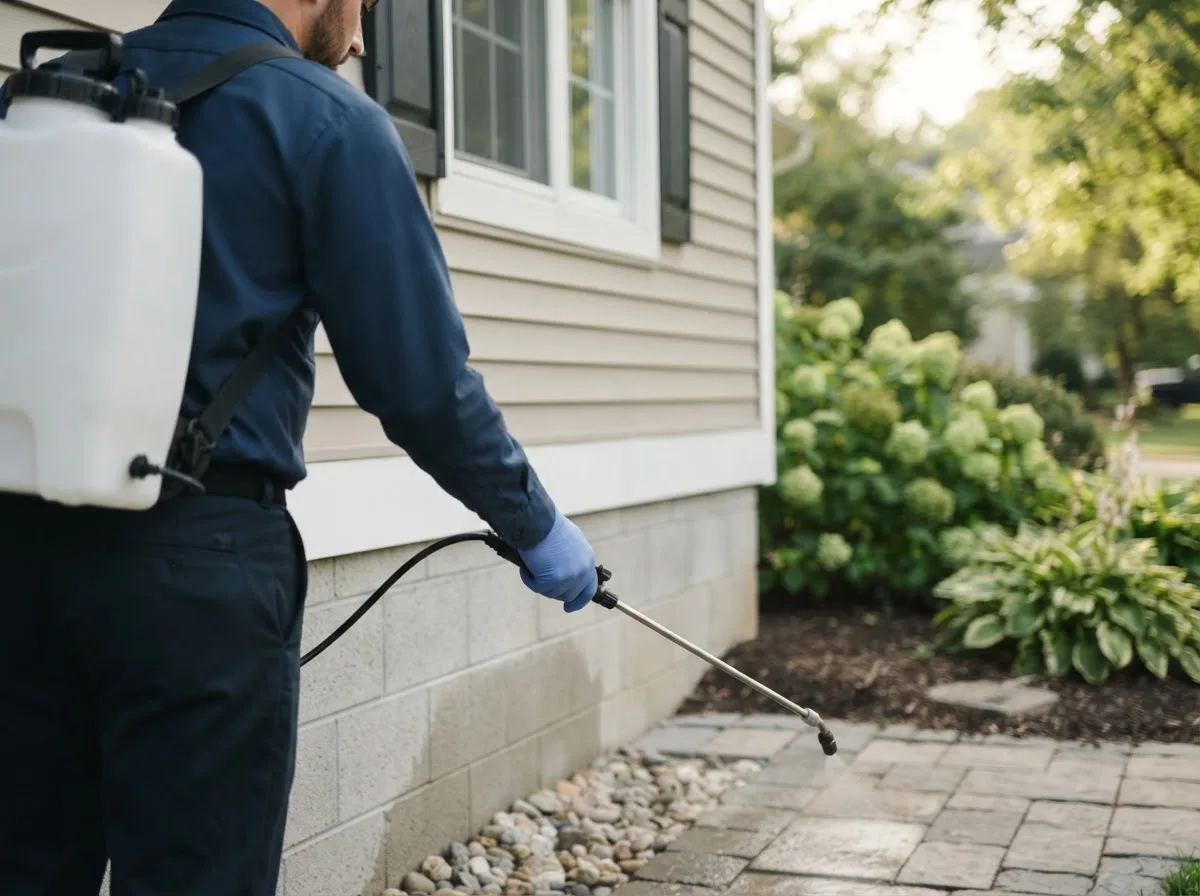 Pest control technician inspecting a home in Bokoshe, OK
